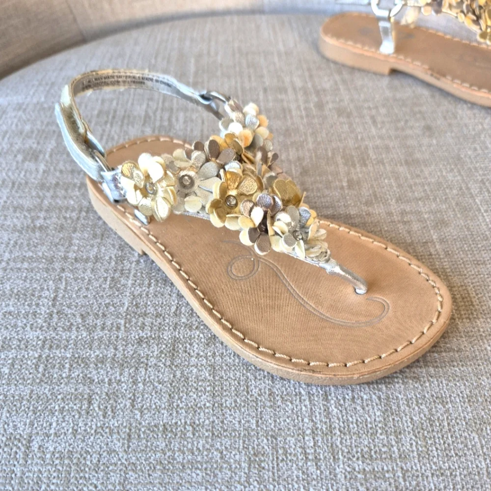 Seven 7 Girl's Shoes Gold & Silver Floral Embellished Slingback Sandals Size 8